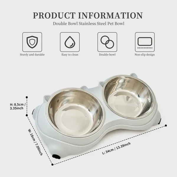 Anti-Slip Double Cat Bowl — Stainless Steel Food & Water Station, Grey