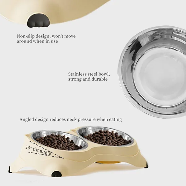 Anti-Slip Double Cat Bowl — Stainless Steel Food & Water Station, Grey
