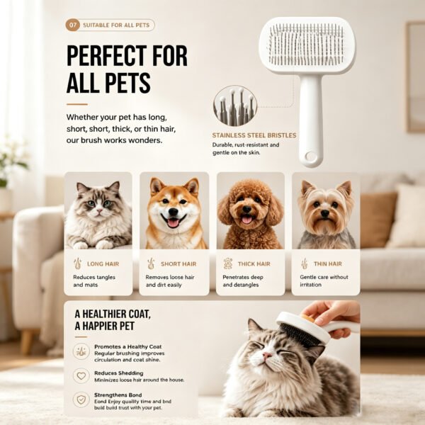 Self-Cleaning Slicker Brush for Dogs & Cats — One-Click Hair Release