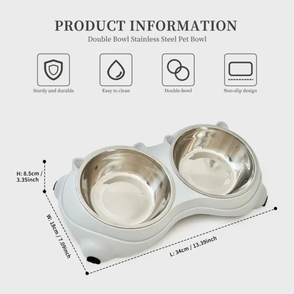 Anti-Slip Double Cat Bowl — Stainless Steel Food & Water Station, Grey
